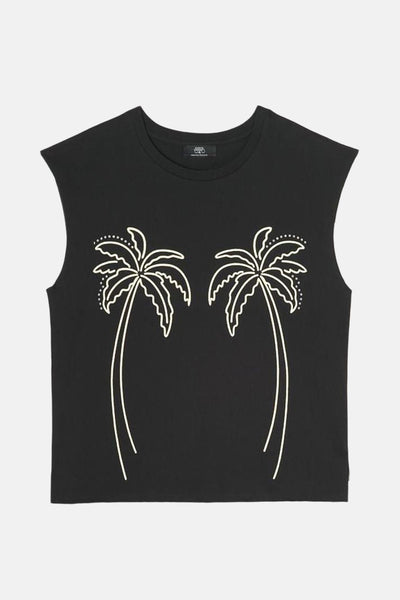Zwart T-shirt met korte mouwen van Le Temps des Cerises met wit palmboommotief.