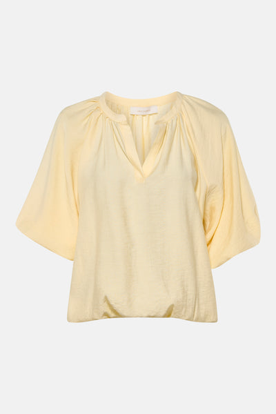 Yellow 3/4 sleeve blouse by Amélie & Ambre, featuring a V-neck with gathered detailing and lightweight textured fabric, front view.