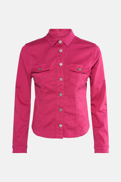 Veste courte rose de Le Temps des Cerises avec poches à rabat et boutons argentés.