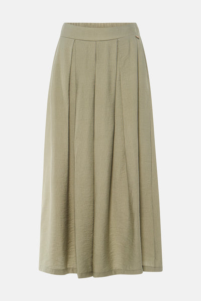 Khaki pleated midi skirt with elastic waistband and side button detail, front view