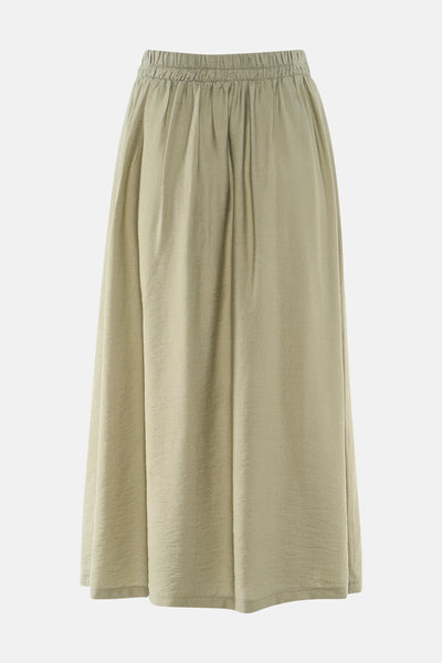 Khaki casual skirt with elastic waistband and flowing A-line silhouette, front view
