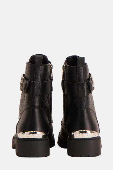 Zwarte enkellaarsjes van Guess met ritssluiting en metalen gespdetails.