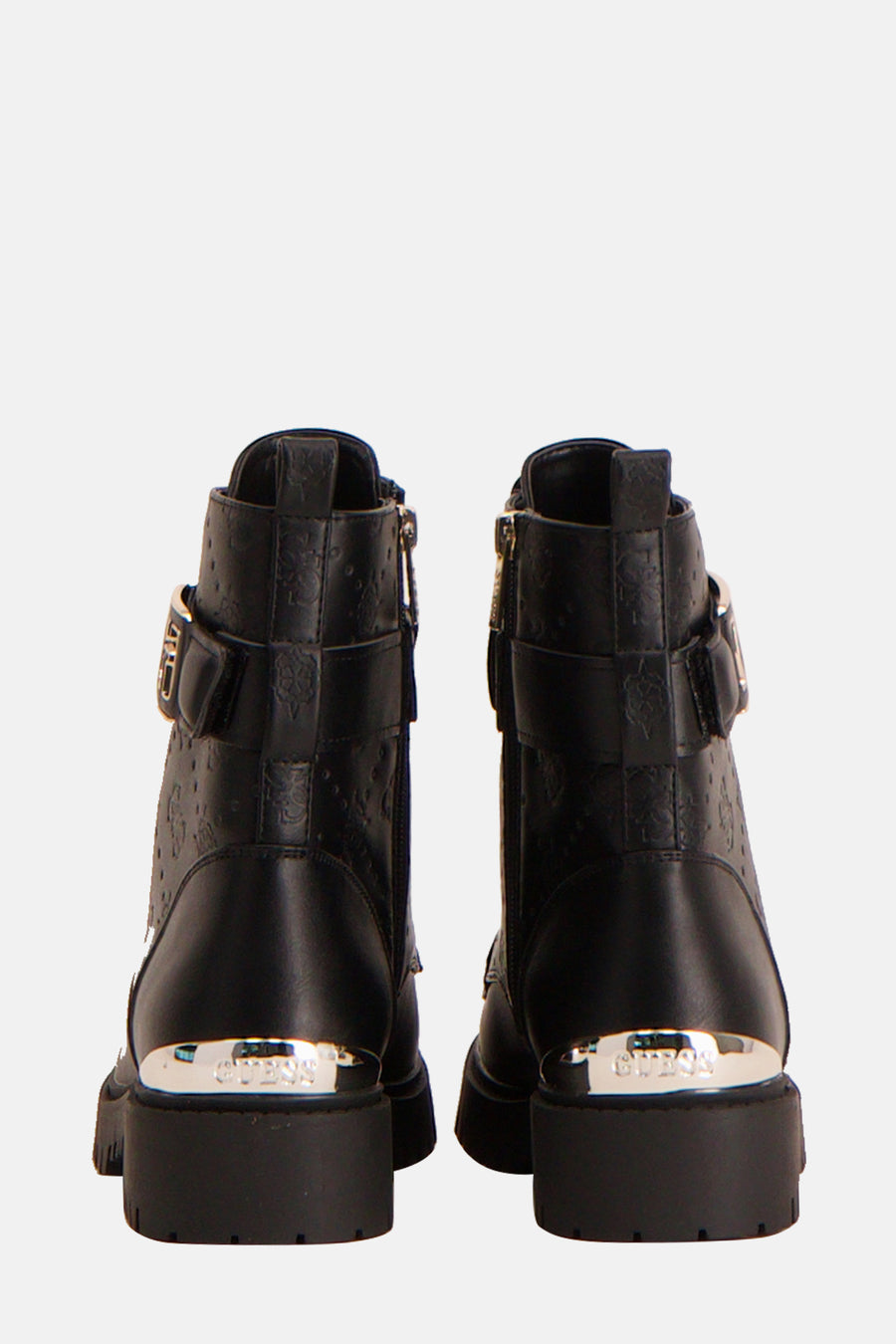Zwarte enkellaarsjes van Guess met ritssluiting en metalen gespdetails.