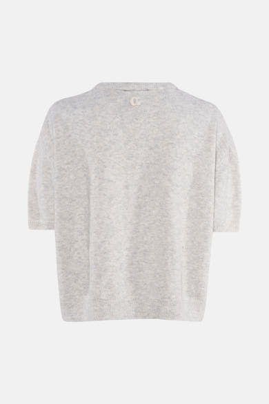 Grijze gemêleerde cardigan van Le Temps des Cerises, in zachte breinaard met discreet logo op de halslijn.