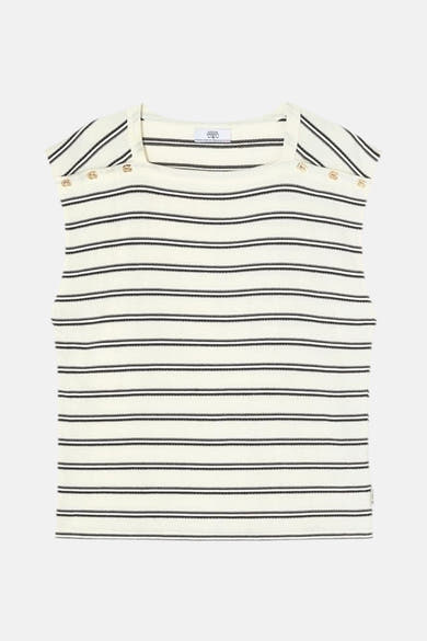 Wit T-shirt met korte mouwen van Le Temps des Cerises, zwart gestreept en met gouden knopen op de schouders.