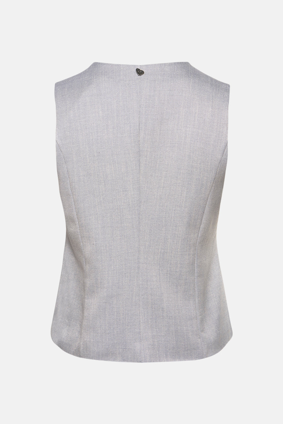 Veste tailleur gris clair de AMELIE ET AMELIE, détail bouton décoratif, coupe cintrée, vue de dos.
