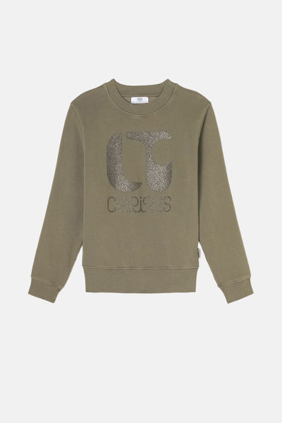 Sweat-shirt kaki par Le Temps des Cerises, avec logo "CC" scintillant et inscription de la marque.