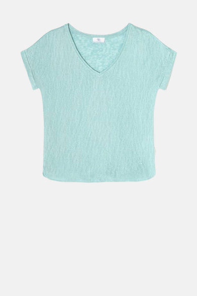 Blauw T-shirt met korte mouwen van Le Temps des Cerises, in textuurgebreide stof.
