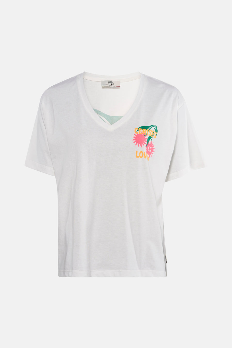 T-shirt blanc à manches courtes de Le Temps des Cerises avec motif imprimé 'Cerises Love'.