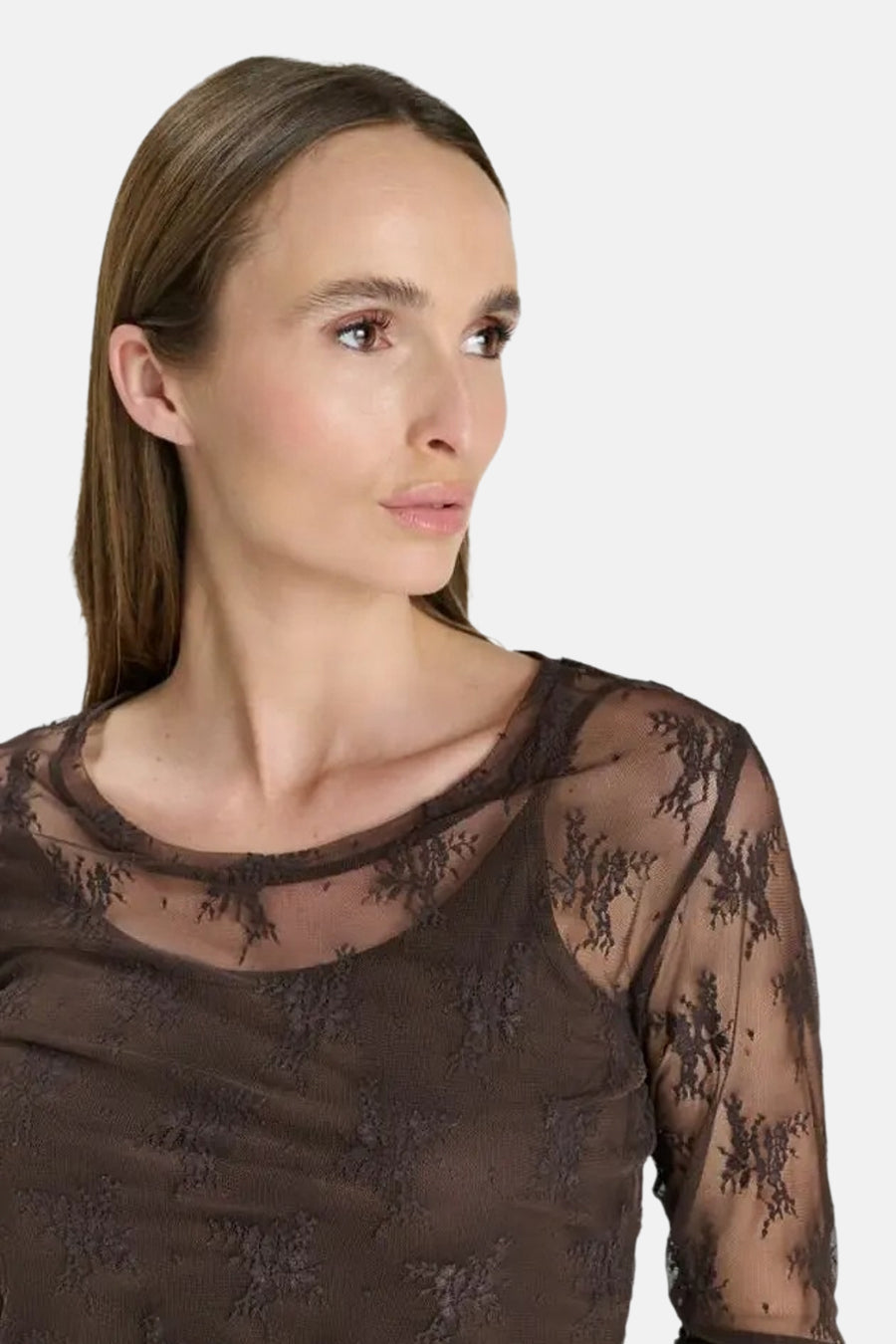 T-shirt à manches longues brun en dentelle transparente par Le Temps des Cerises, vue de profil avec détails floraux et col rond