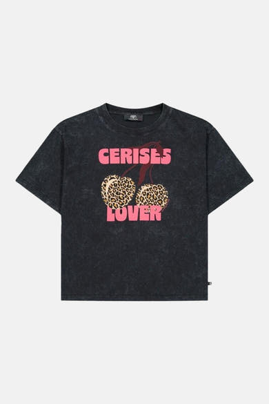 Black short-sleeve T-shirt with acid-wash texture, featuring bold pink "CERISES LOVER" text and leopard-print cherries graphic, front view.