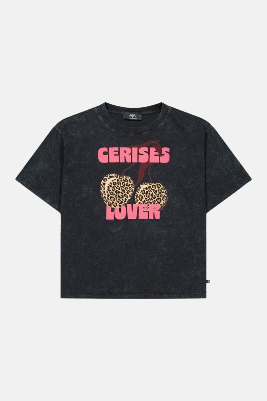 Black short-sleeve T-shirt with acid-wash texture, featuring bold pink "CERISES LOVER" text and leopard-print cherries graphic, front view.