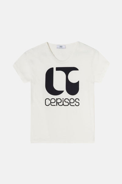T-shirt blanc à manches courtes de Le Temps des Cerises avec un grand logo noir.