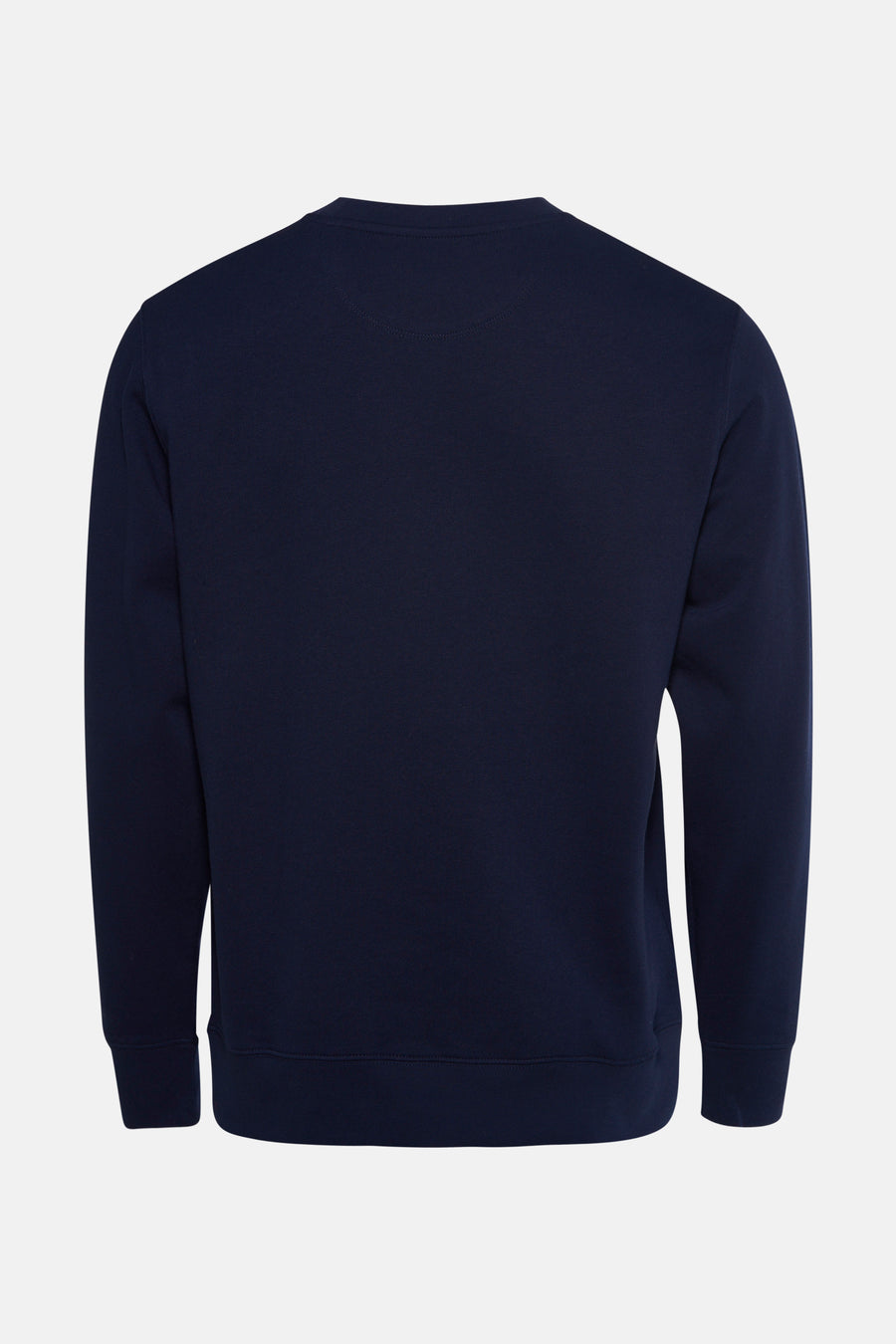 Blauwe STROM-sweater, achterkant, met een discrete textuur op een neutrale achtergrond.