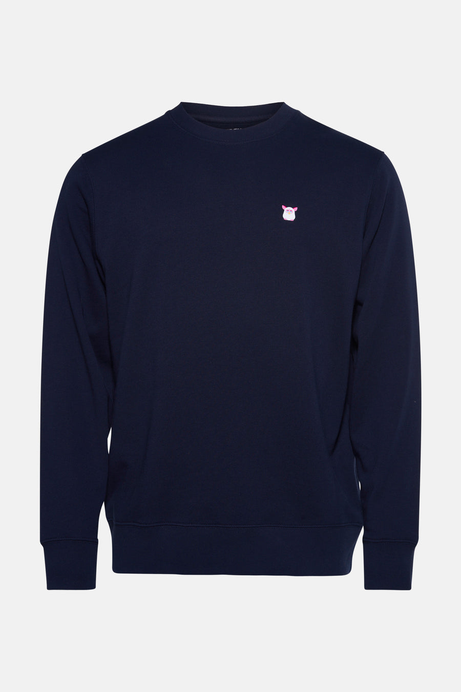 Blauwe STROM-sweatshirt met een klein decoratief motief op de borst.