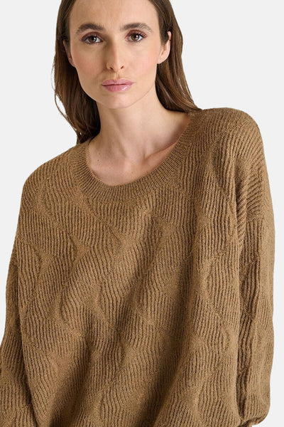 Bruine ronde kraagpullover van Le Temps des Cerises met een geblokte textuur met diamantmotieven.