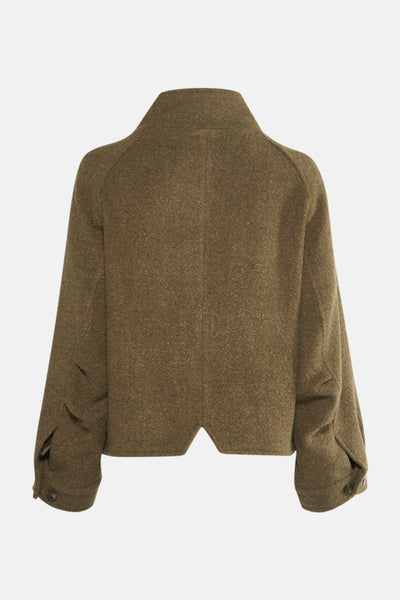 Veste courte marron de Le Temps des Cerises, vue de dos, avec manches longues et texture en tweed.

