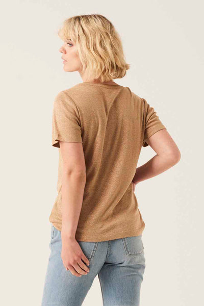 Golden brown short-sleeve t-shirt with heathered texture, back view on model wearing light blue jeans