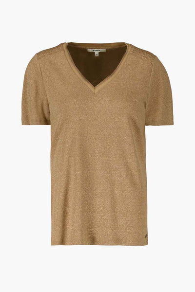 Beige short-sleeve V-neck T-shirt by N. Garcia, featuring textured knit and ribbed shoulder details, front view.