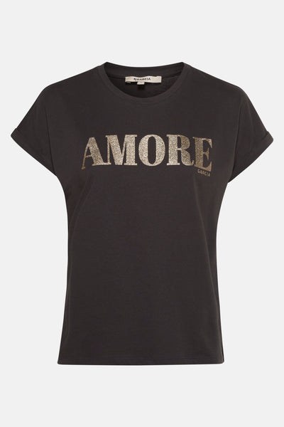T-shirt à manches courtes noir de GARCIA, avec inscription « Amore » brillante sur le devant.