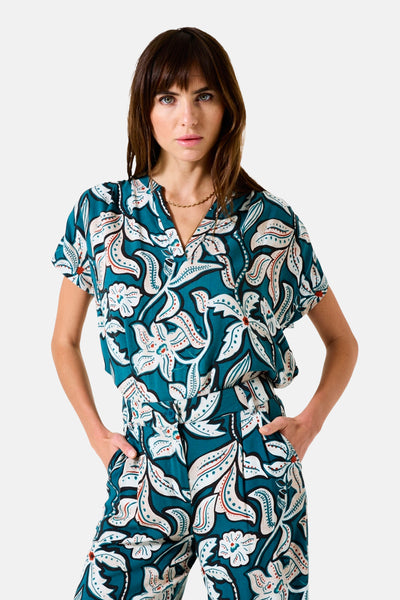 GARCIA meerkleurig blouse met korte mouwen, met een bloemenprint en een V-hals.