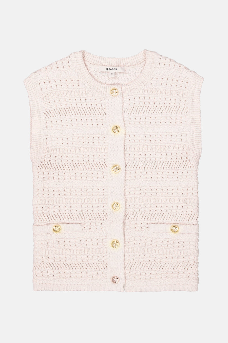 Ecru gilet van GARCIA met ajourdetails, gouden knopen en kleine opgestikte zakken.