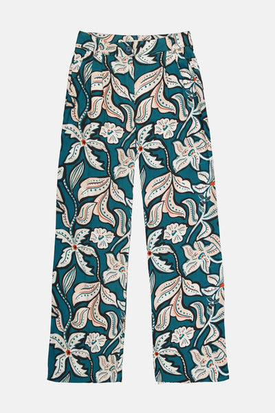 Pantalon multicolore by GARCIA avec un motif floral complexe sur un fond bleu sarcelle.
