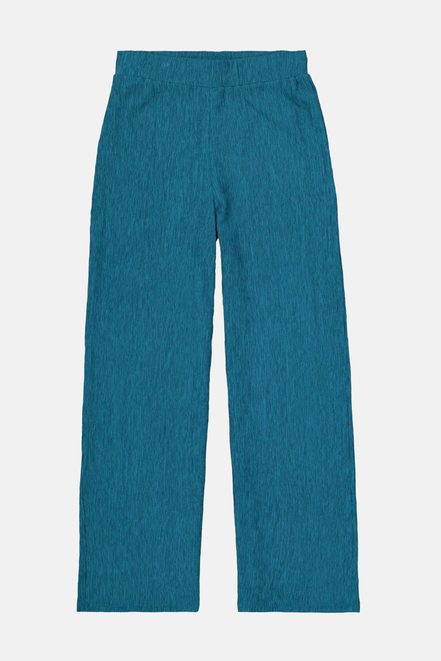 Turquoise texturiseerde broek van GARCIA, rechte pasvorm en wijde pijpen op een witte achtergrond.
