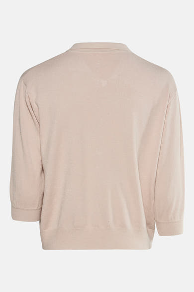 Beige gebreide trui van AMELIE ET AMELIE met driekwartmouwen, van achteren getoond.
