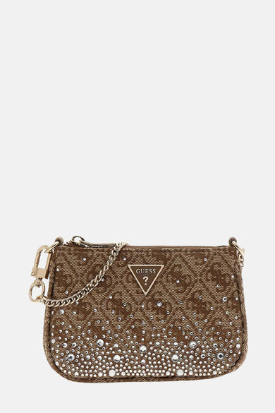 Petit sac cadeau marron de Guess orné de motifs et de strass.