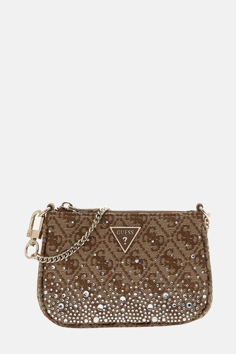 Petit sac cadeau marron de Guess orné de motifs et de strass.