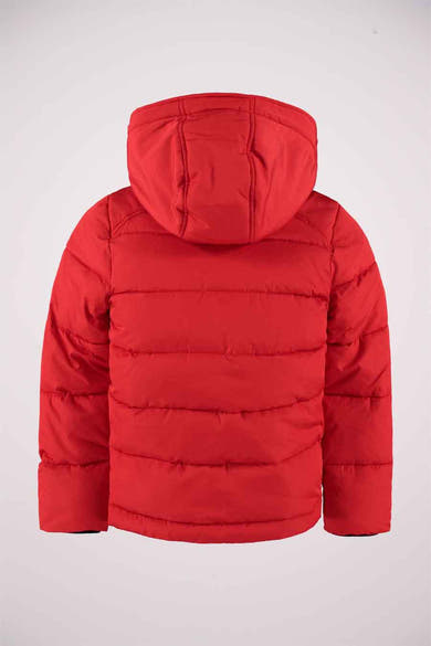 Veste rouge de GARCIA, avec capuche et rembourrage matelassé sur l'ensemble du vêtement, vue de dos.