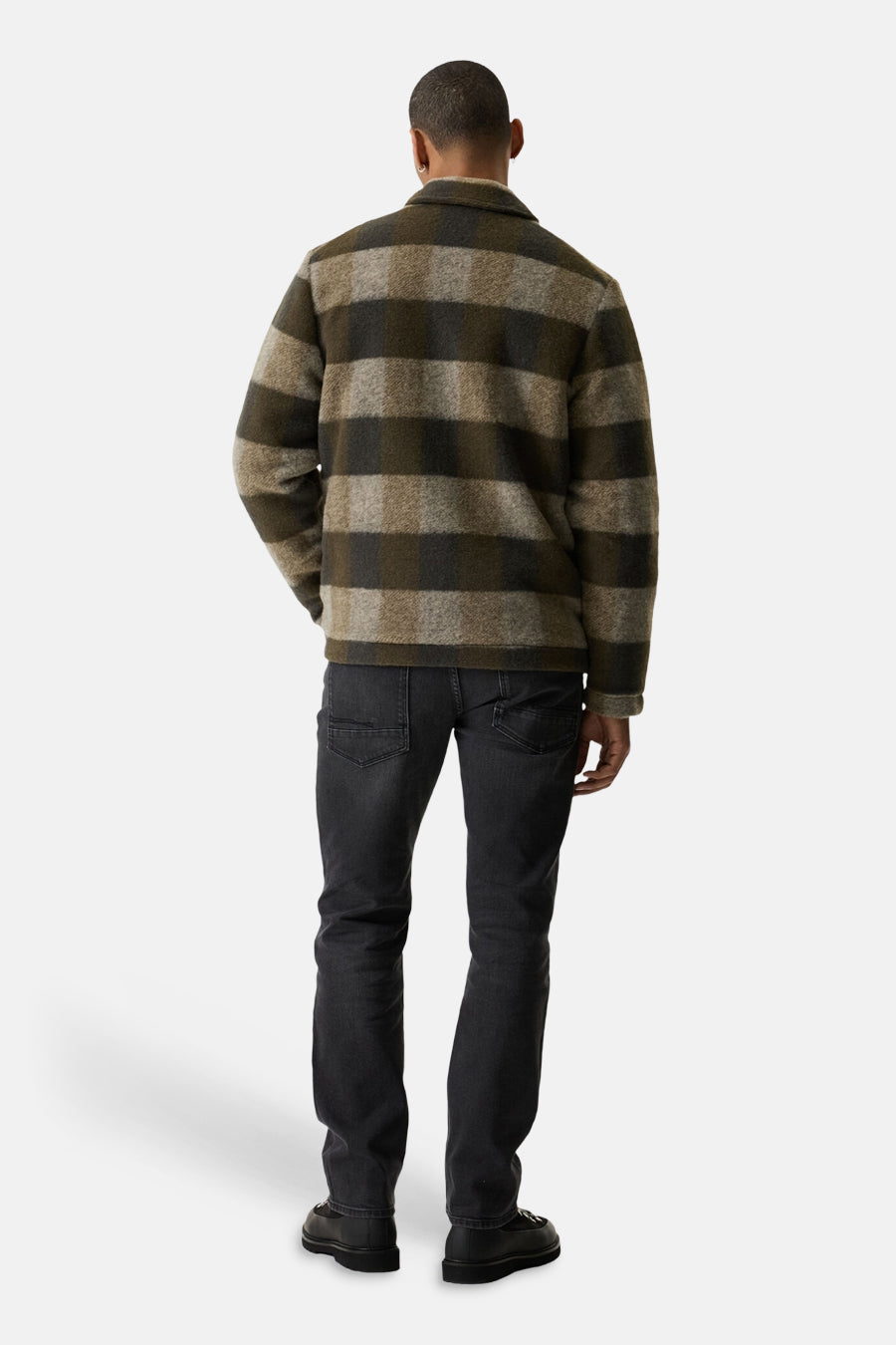 Khaki plaid wool-blend casual jacket from back view, featuring olive and beige check pattern, worn with dark jeans and black shoes