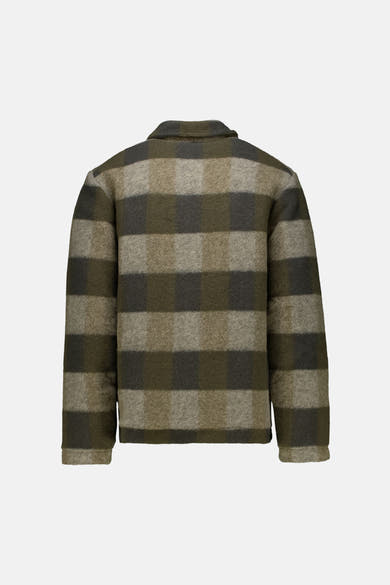 Khaki plaid men's casual jacket back view, textured wool blend with olive and beige check pattern