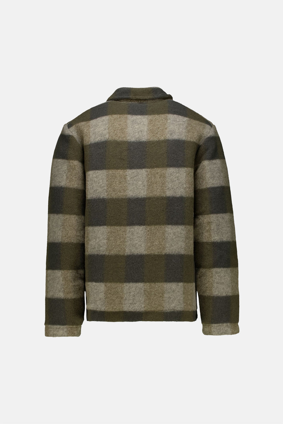 Khaki plaid men's casual jacket back view, textured wool blend with olive and beige check pattern