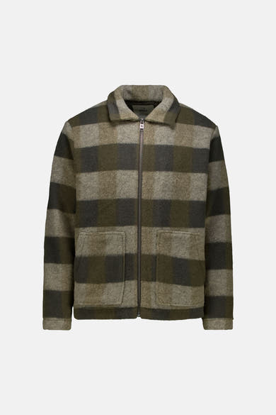 Khaki plaid wool-blend casual jacket by Garcia with front zip, two patch pockets, and ribbed cuffs, shown front view