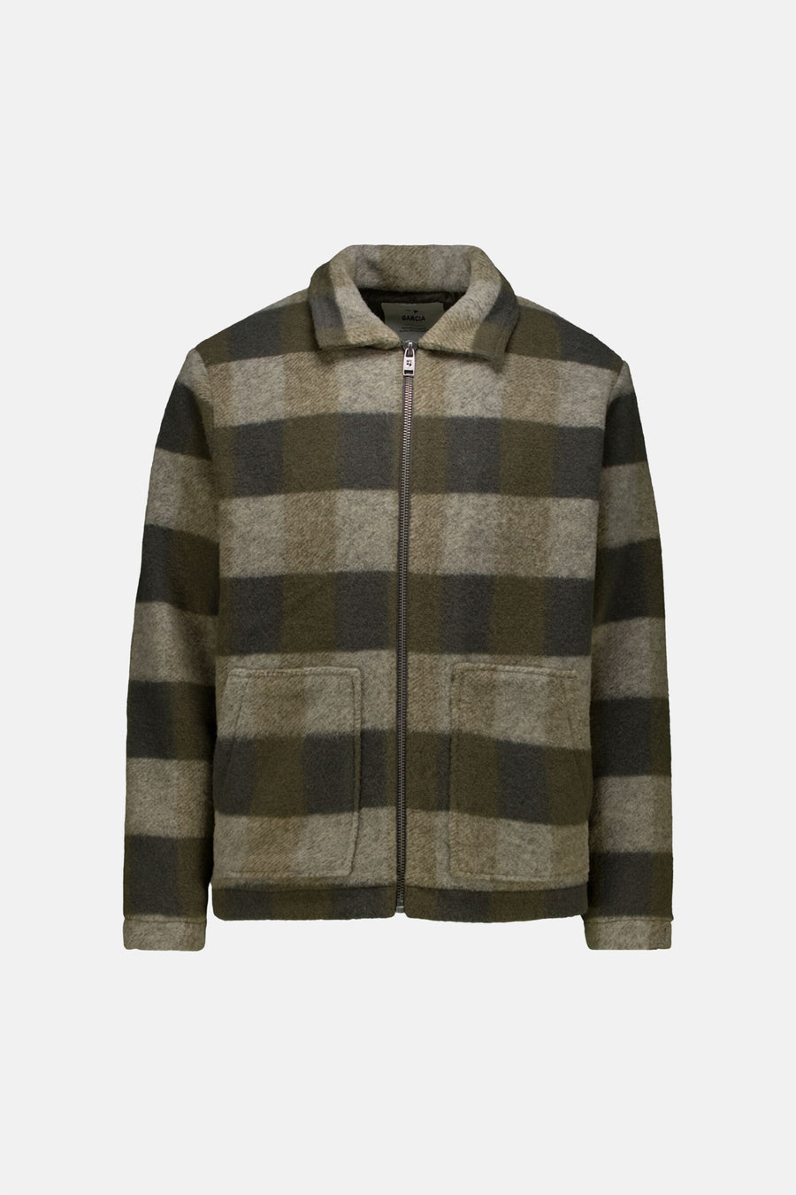 Khaki plaid wool-blend casual jacket by Garcia with front zip, two patch pockets, and ribbed cuffs, shown front view