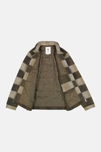 Khaki plaid men's casual jacket by Garcia with quilted olive green lining, open front view