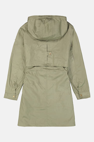 Veste de pluie kaki de GARCIA, avec capuche et fermeture à bouton dans le dos, vue arrière.
