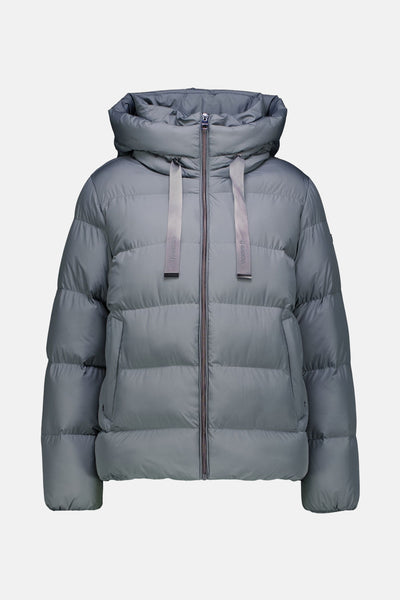 Veste courte grise par GARCIA avec capuche oversize et fermeture éclair apparente.