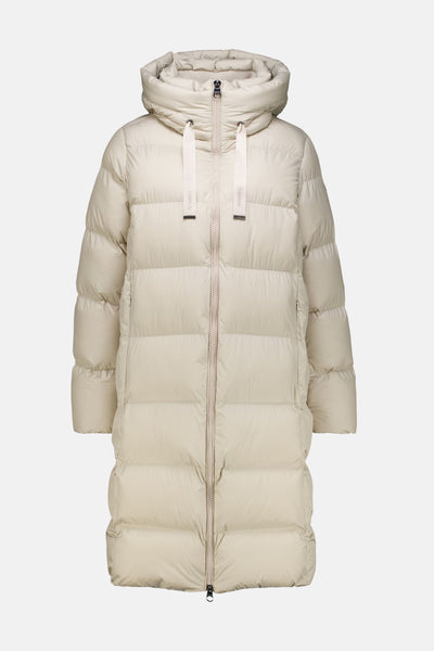 Veste longue écru de GARCIA, avec capuche et fermeture éclair centrale.