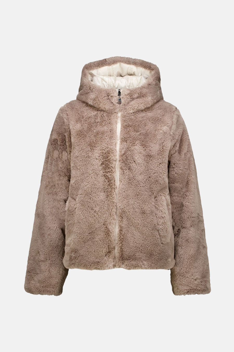 Korte beige jas van GARCIA, met een gevoerde capuchon van imitatiebont en een golvend doorgestikt patroon.