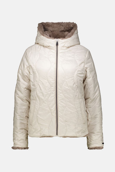 Veste courte beige de GARCIA, avec capuche doublée en fausse fourrure et motif matelassé ondulé.

