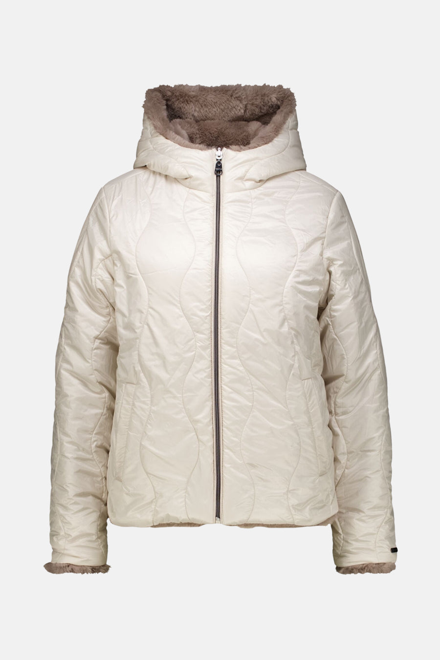 Veste courte beige de GARCIA, avec capuche doublée en fausse fourrure et motif matelassé ondulé.
