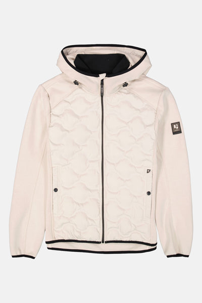 Beige regenjas van GARCIA, met capuchon met zwarte bies, ritssluiting en doorgestikt patroon.