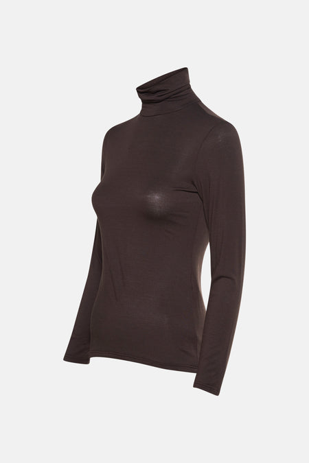Bruin T-shirt met lange mouwen van AMELIE ET AMELIE, coltrui en licht doorschijnende stof.