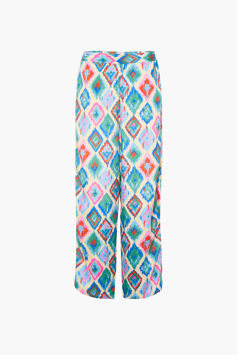 Pantalon bleu à motif losanges, par Gold & Silver, coupe ample et décontractée, sur fond blanc.