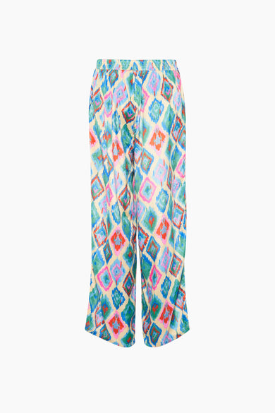 Pantalon bleu par Gold & Silver, avec un motif losanges multicolore.