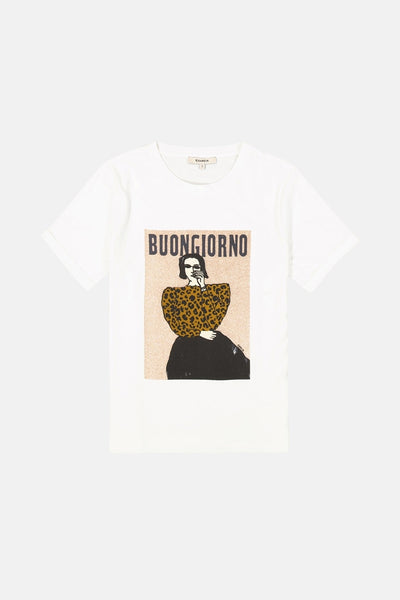 T-shirt blanc à manches courtes de GARCIA, avec imprimé d'une femme et lettrage BUONGIORNO.
