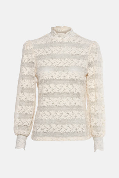 Ecru blouse met lange mouwen van GARCIA, met bloemenkantpatroon en pofmouwen.